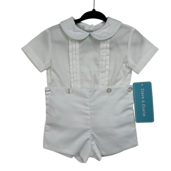 NWT Claire & Charlie Fine Hand Smocked White Pique Button On Shorts Set 9 Months - Picture 2 of 6